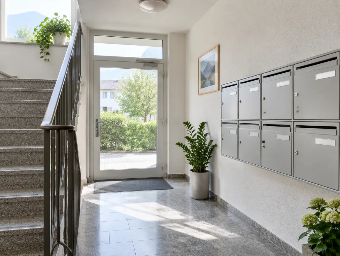 Mehrfamilienhaus, Treppenhaus mit Briefkästen