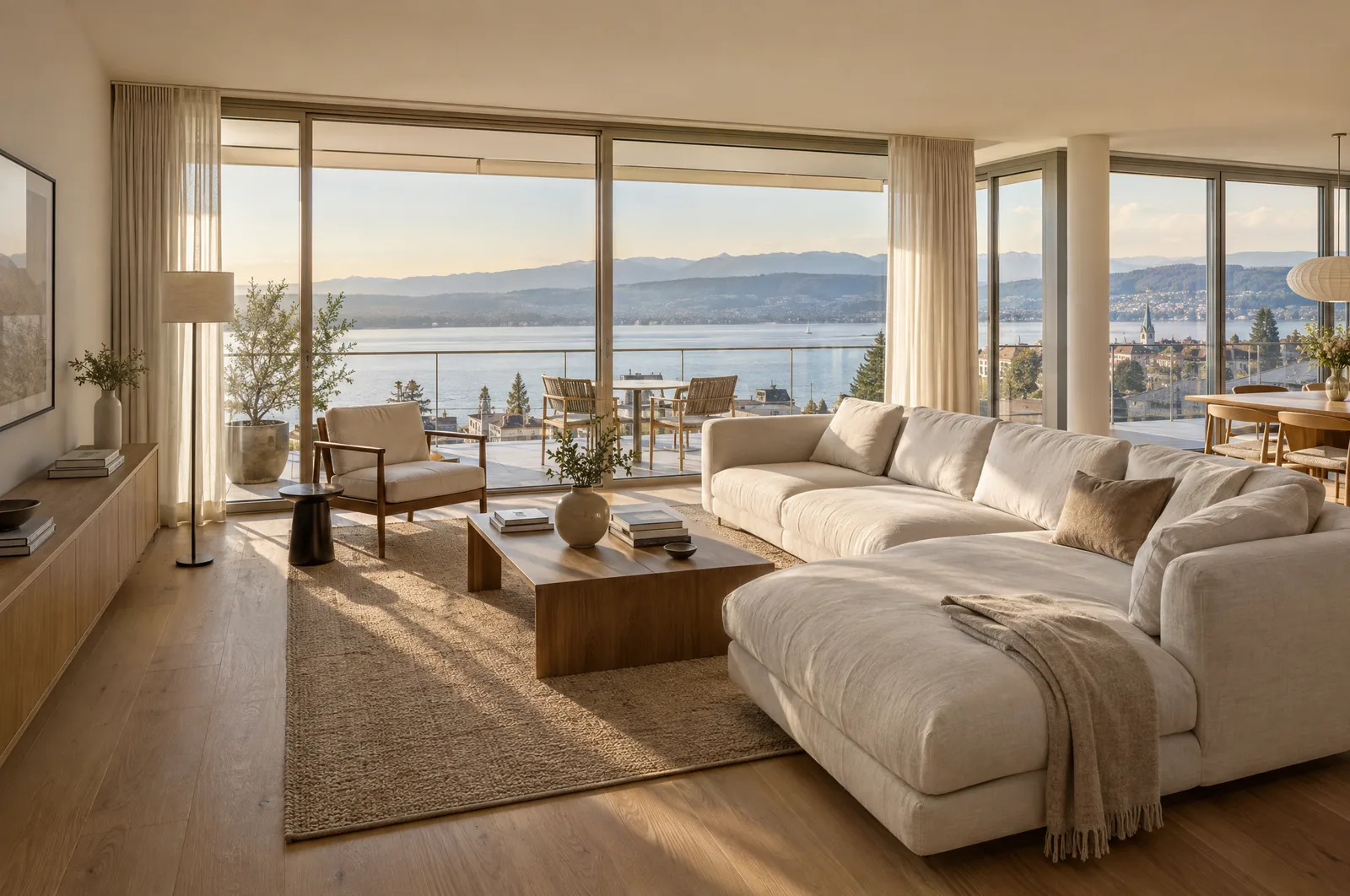 Beispielbild: heller Wohnraum mit Balkon und Blick auf den Zürichsee